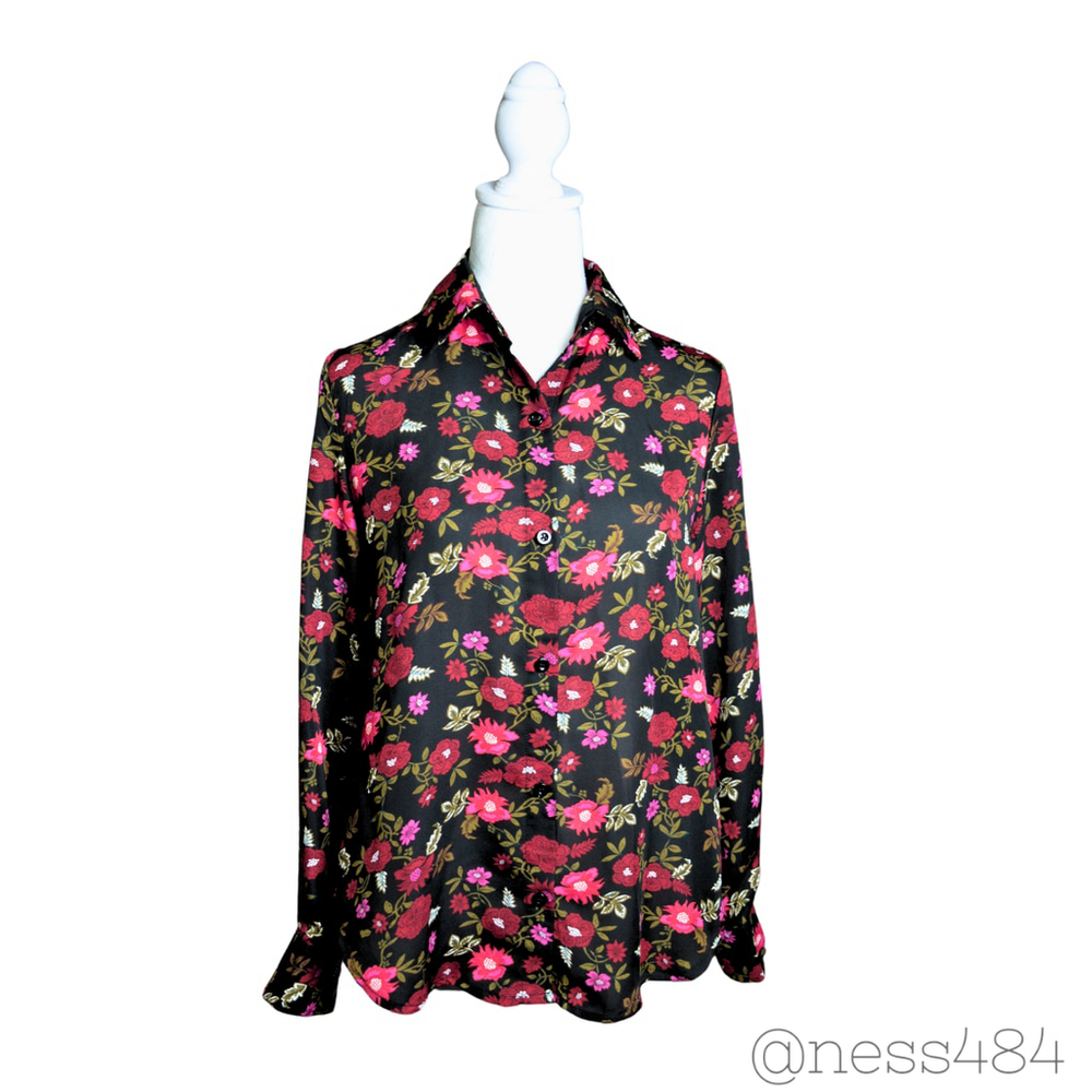 Philosophy Black Floral Print Button Up Long Sleeve Shirt Women's XS TP